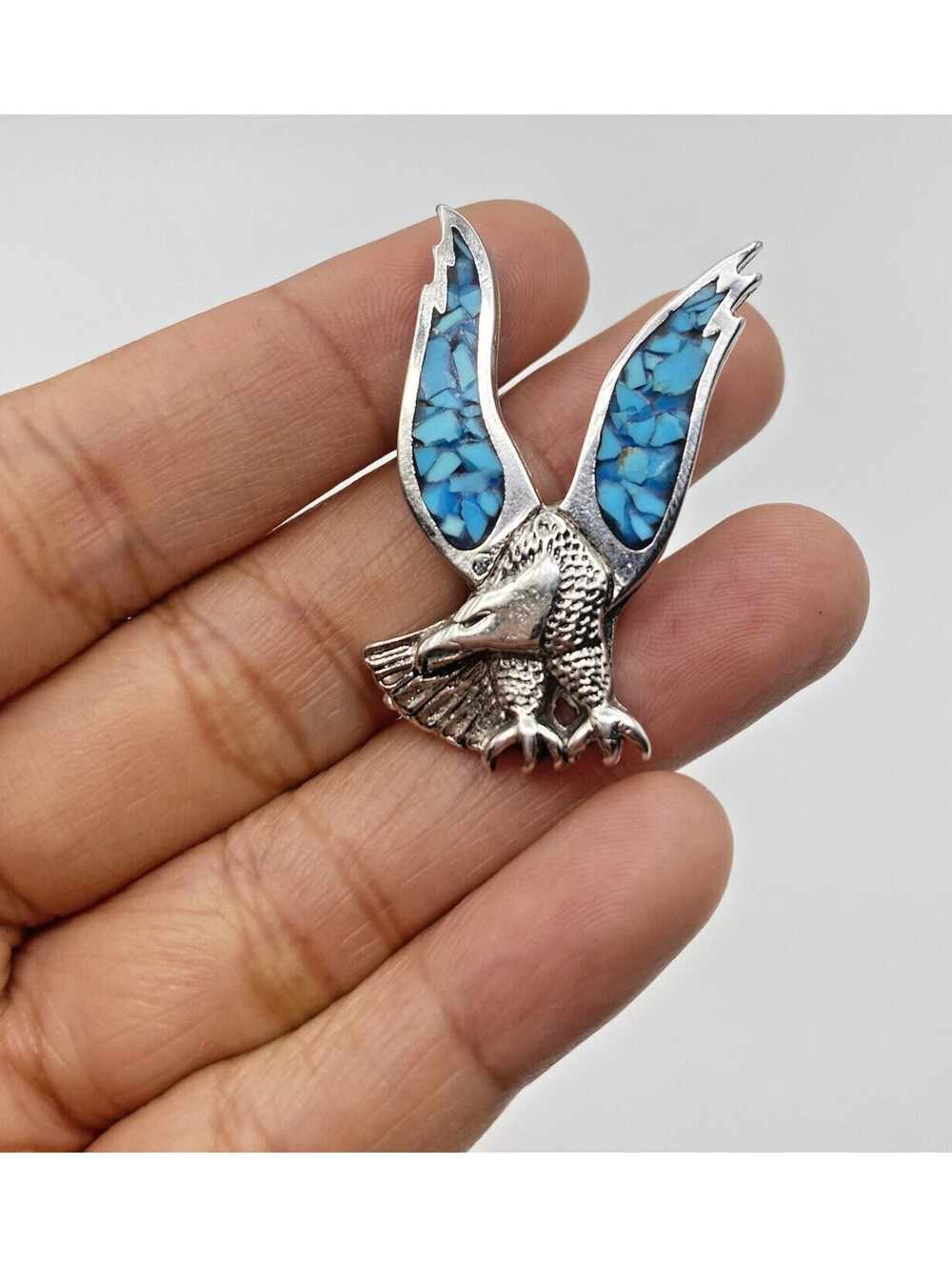 Vintage Eagle Pin Back Lapel Tac Crushed Turquoise Inlay Southwest Silver-Tone